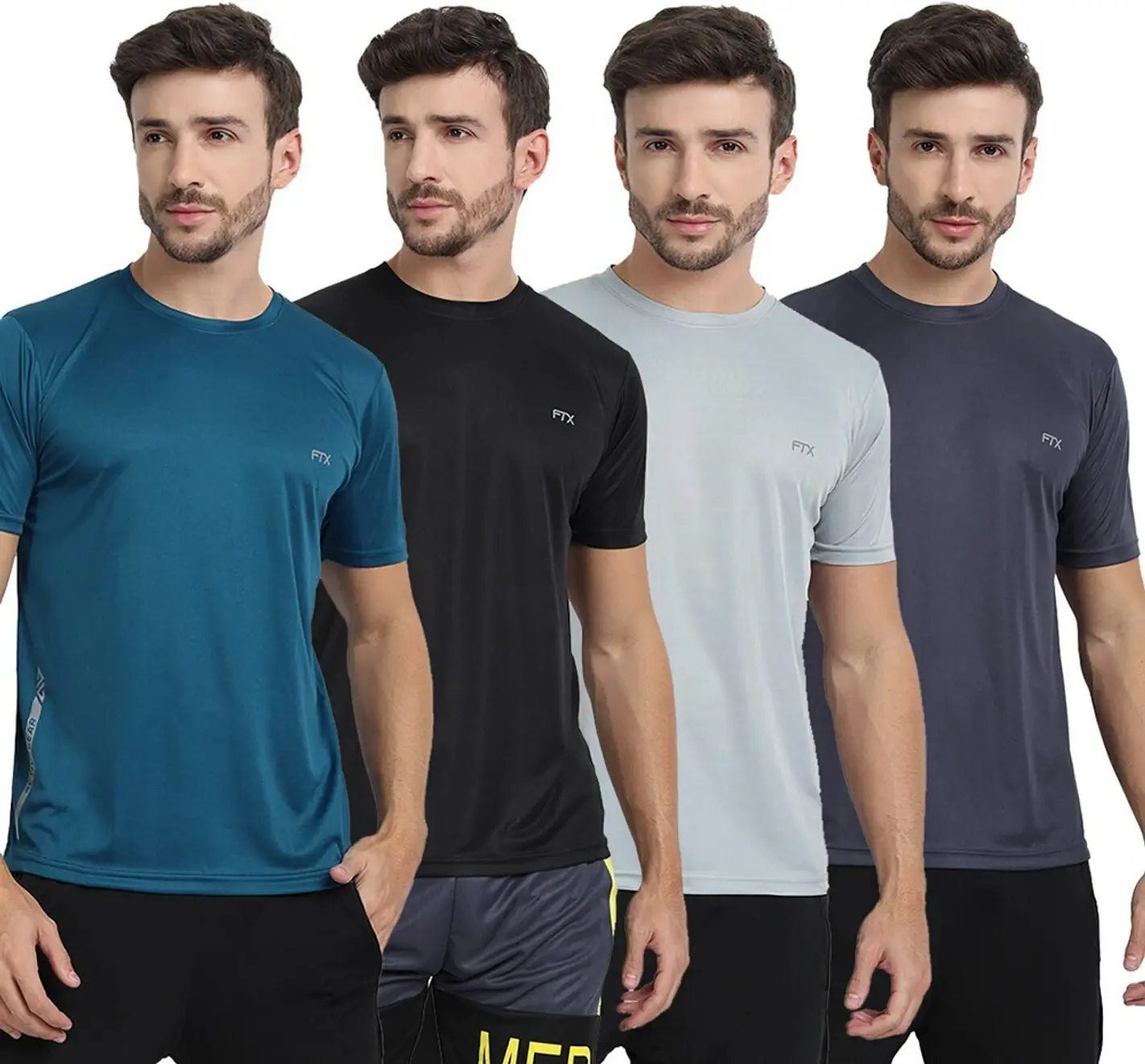 FTX Pack of 4 Men Solid Round Neck Polyester Silver, Blue, Black, Grey T-Shirt