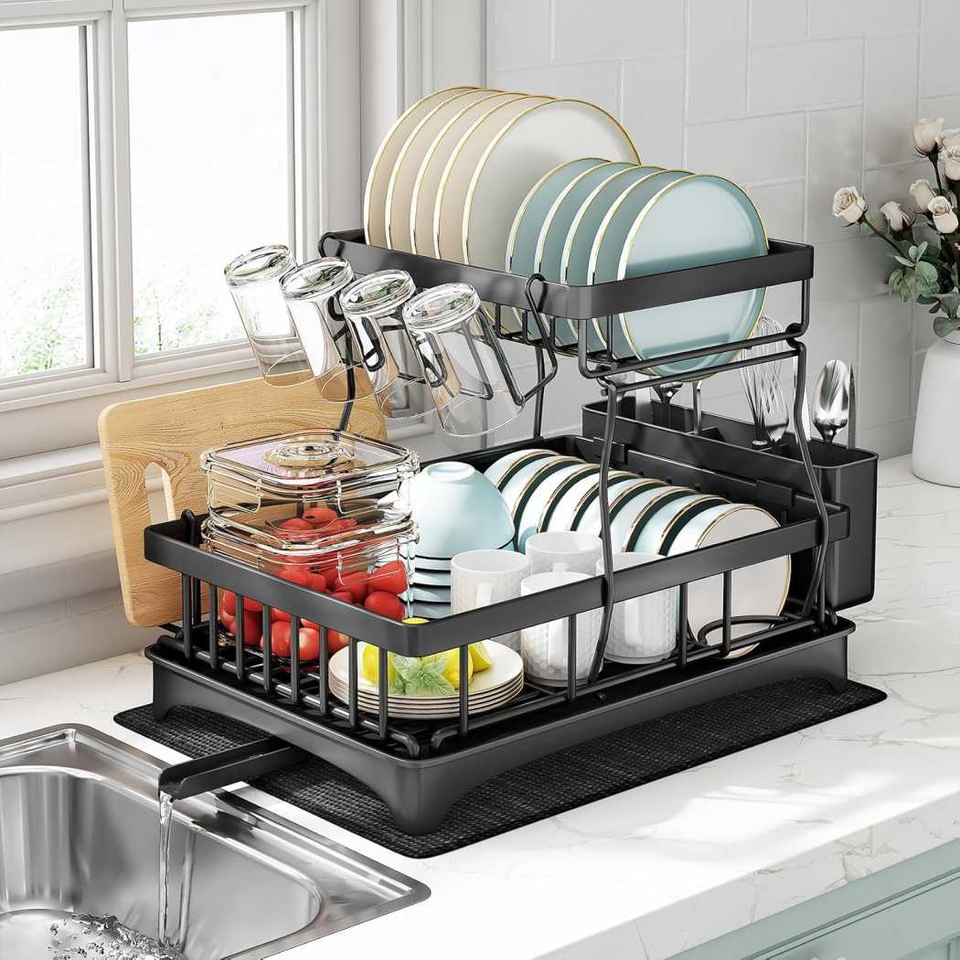 ZROY Dish Drying Rack 2-Tier with Drainboard for Kitchen Countertop โ Stainless Steel Dish Drainer with Utensil Holder, Cup Rack, Knife Storage & Water Drain Spout (New Black Rack 2-Tier)