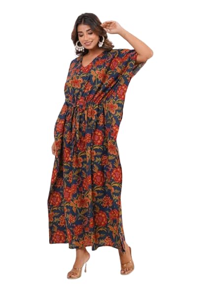 Miss India high Fashion Designer Kaftan for Women Hand Painted Cotton Kaftan Nightdress for Women Length 54 inches Blue