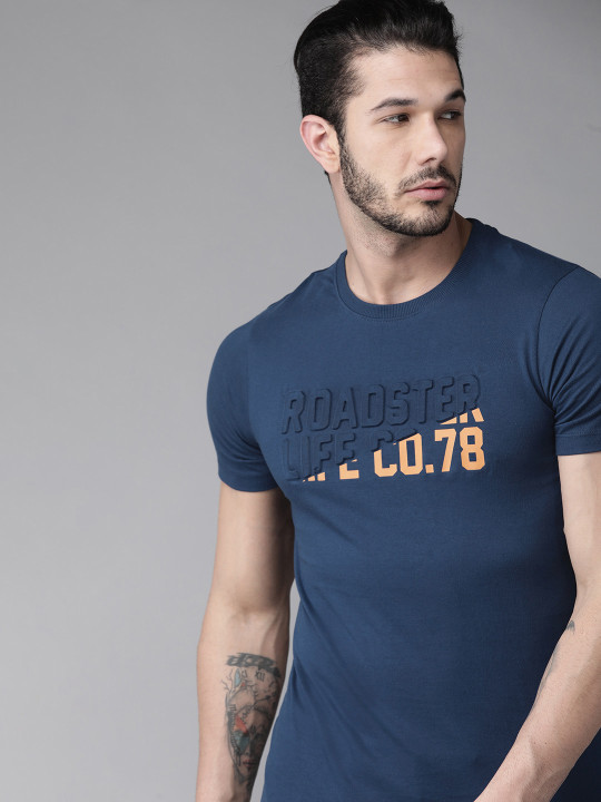 Roadster Men Navy Blue Embossed Printed Round Neck T-shirt — Myntra offer on OfferLelo