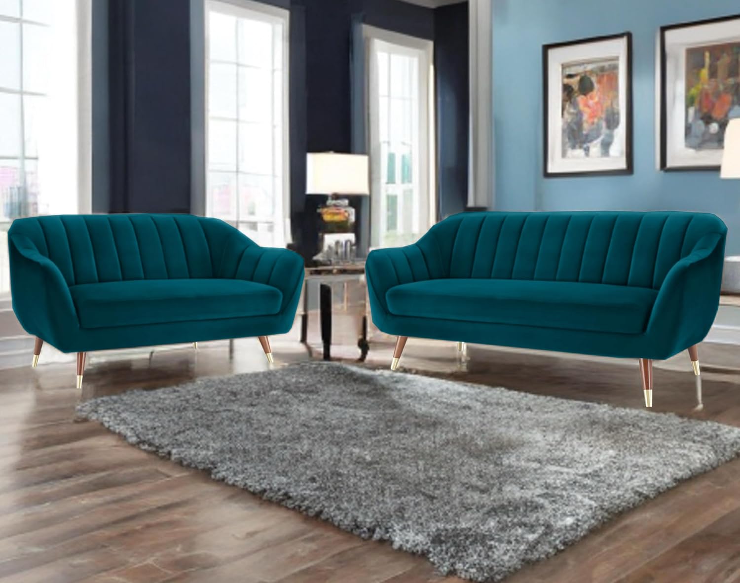 Marino Solid Wood 3+2 Seater Ocean Blue Suede Velvet Fabric Sofa Set with Two Cushions Perfect for Home Office Guests Living Room (04 Ocean Blue, 3+2 Seater)(3 Year Warranty)