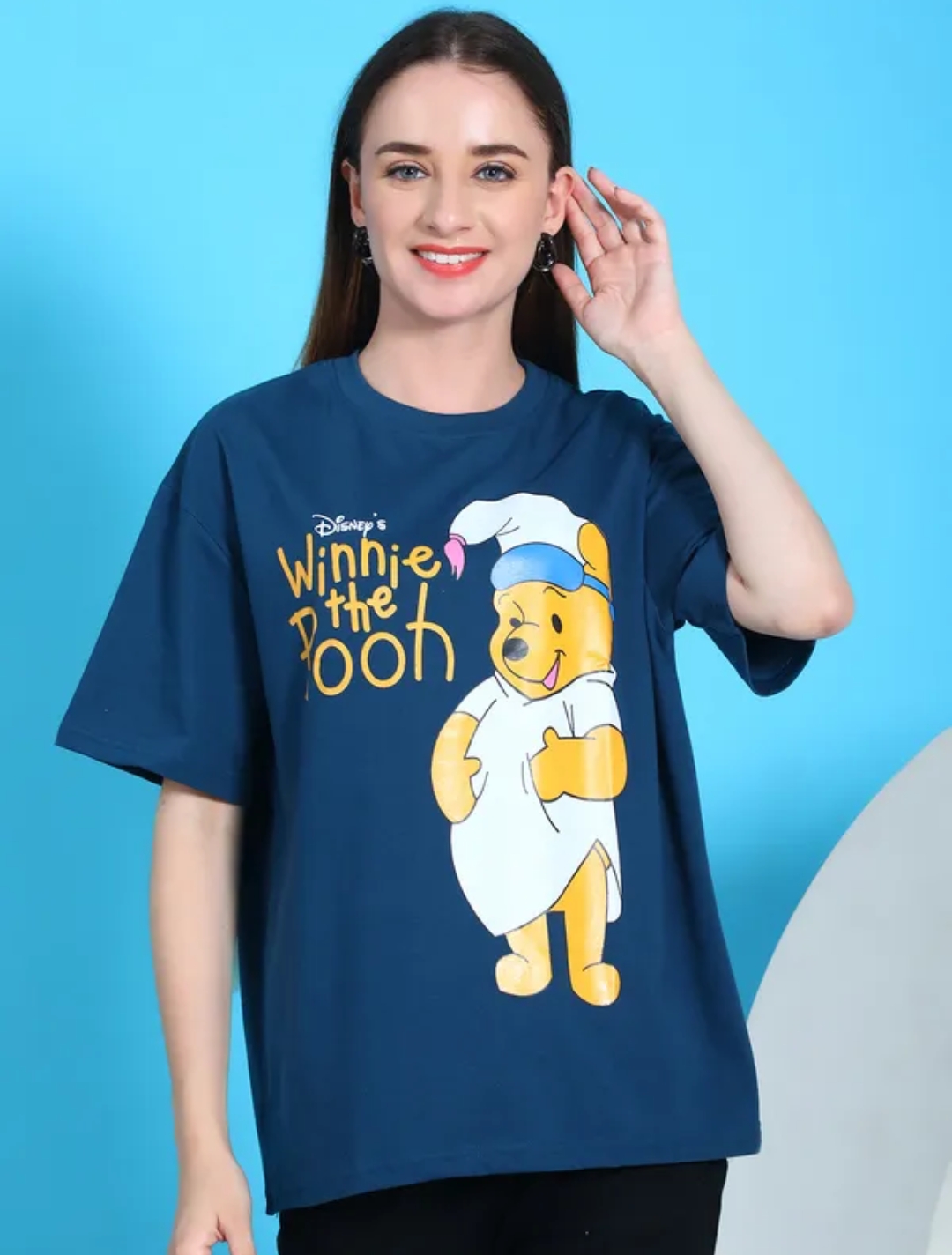 Women cartoon round neck pure cotton blue tshirt
