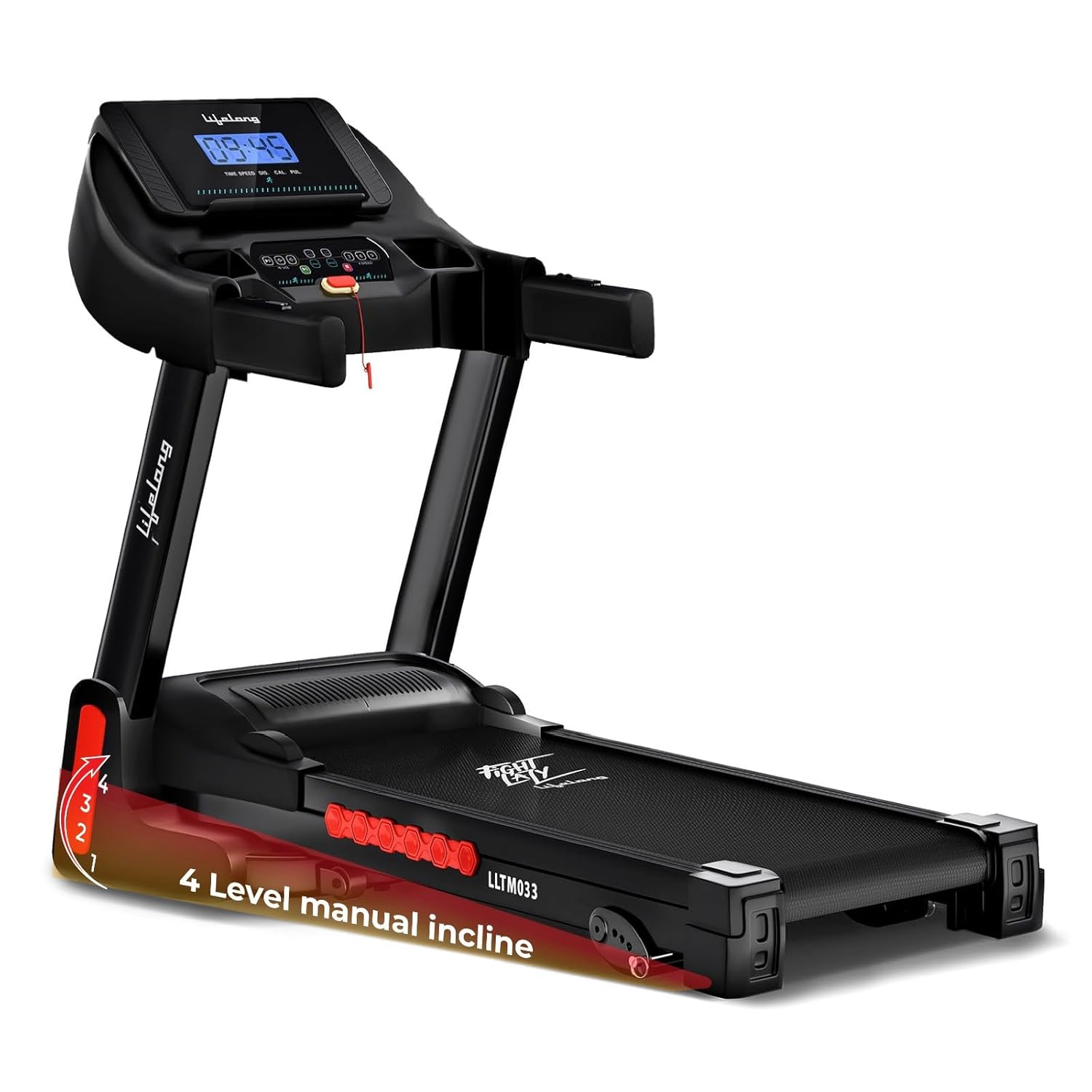 Lifelong FitPro Motorized Treadmill for Home (4HP Peak) | 3-Level Manual Incline | Rubberies Shock Absorption | Foldable Hydraulic | 12 Preset Workouts | 14km/hr | 100Kg | Bluetooth (LLTM033)
