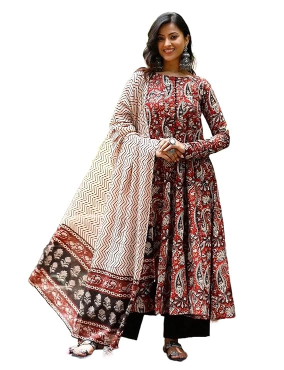 Nermosa Women Printed Anarkali Kurta and Pant Set with Dupatta — Amazon offer on OfferLelo